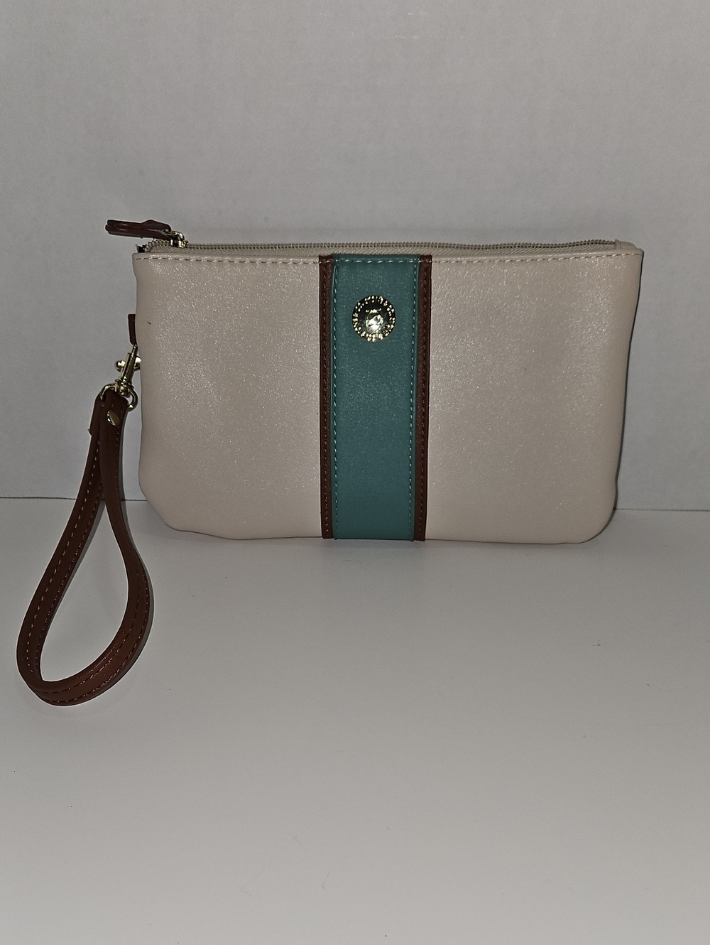Stone & Co. Cream and Teal Accent Wristlet Clutch with Brown Trim
